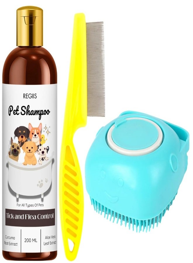 مجموعة شامبو ريجيس للحيوانات الأليفة مع مكافحة القراد والبراغيث، 200 مل تركيبة طبيعية من الكركم والصبار، مشط أصفر للبراغيث، فرشاة سيليكون فيروزية للكلاب (عبوة من 3 قطع) - Image 1